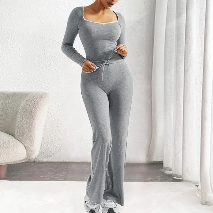

Spring autumn sexy square Neck Two-piece Pj Sets solid slim Pajamas Homewear Set Long-Sleeve tops and long pants gray sleepwear