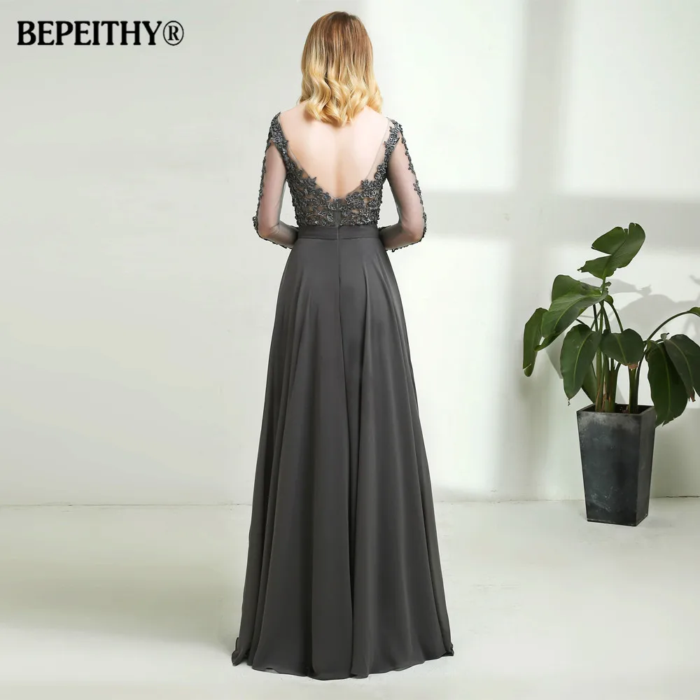 BEPEITHY Customized Elegant Long Sleeves Chiffon Prom Dress 2023 Sexy Open Back Lace Vestidos Para Mujer A-line Evening Dress