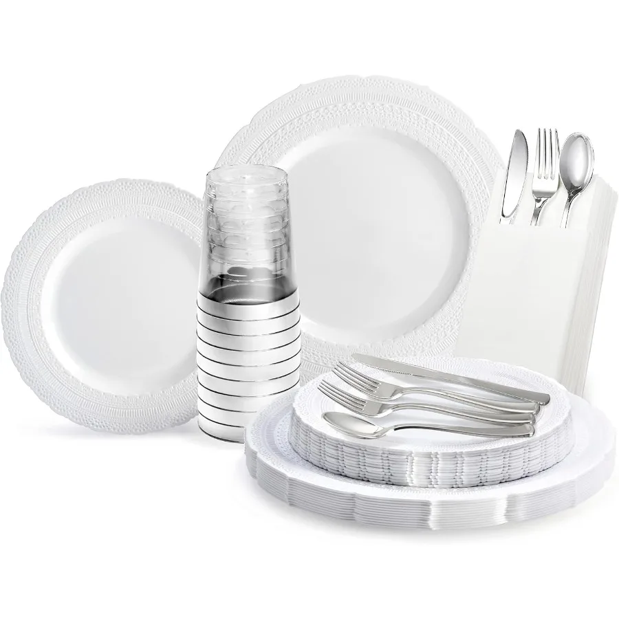 

200pcs set 25 Guests Extra Heavyweight Vintage Wedding Disposable Reusable Plastic Plates (25 x 11'' + 25 x 8.25'')+Silverware+