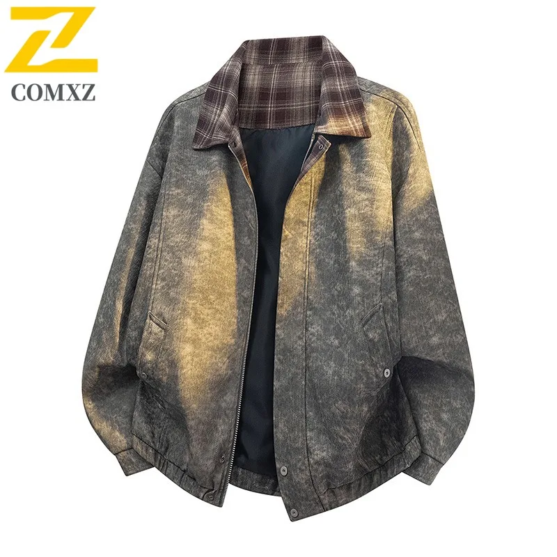 

COMXZ Мужская джинсовая текстурированная кожаная водонепроницаемая ветрозащитная куртка большого размера в клетку Харрингтон, легкая ветровка