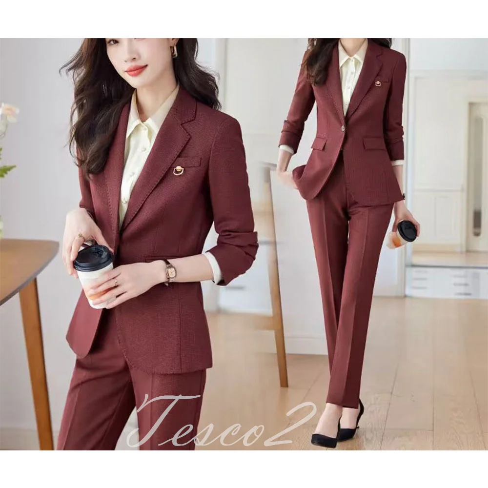 Tesco Office Lady Suit For Women Spring Autumn Wear Full Sleeve  Purplish Red Blazer Jacket+Trousers Formal Slim Fit Female Suit