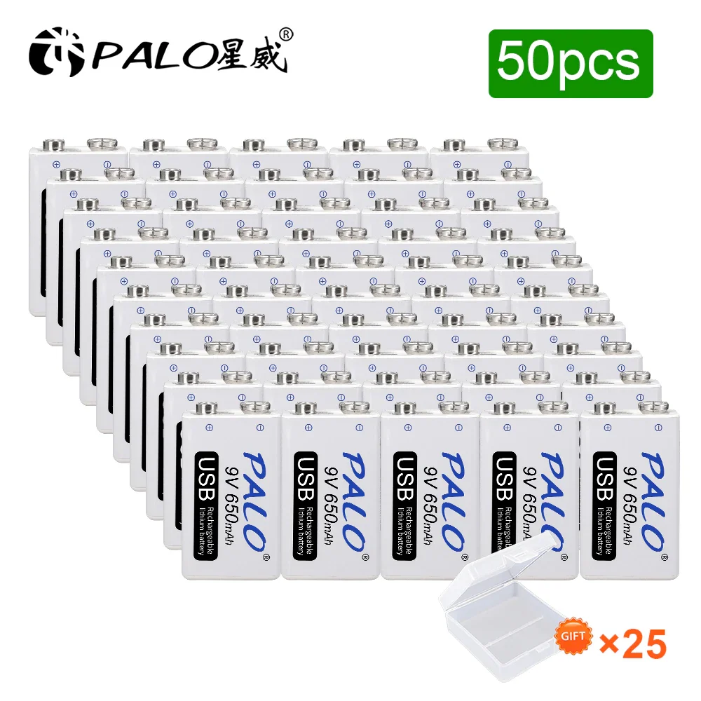 

PALO 50pcs Krone 9V USB battery 650mAh 6F22 9v Li-ion Rechargeable Battery for Metal detector Model Microphone Toy Multimeter