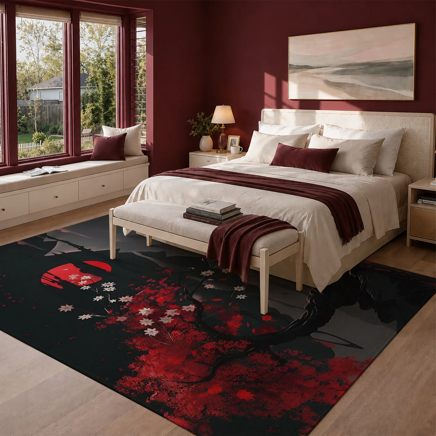 Large Indoor Area Rug, Soft Velvet Low Pile with Non-Slip Dotted Backing, Machine Washable Japanese Cherry Blossom Red Sunset Mountain Pattern, Decor for Living Room Bedroom