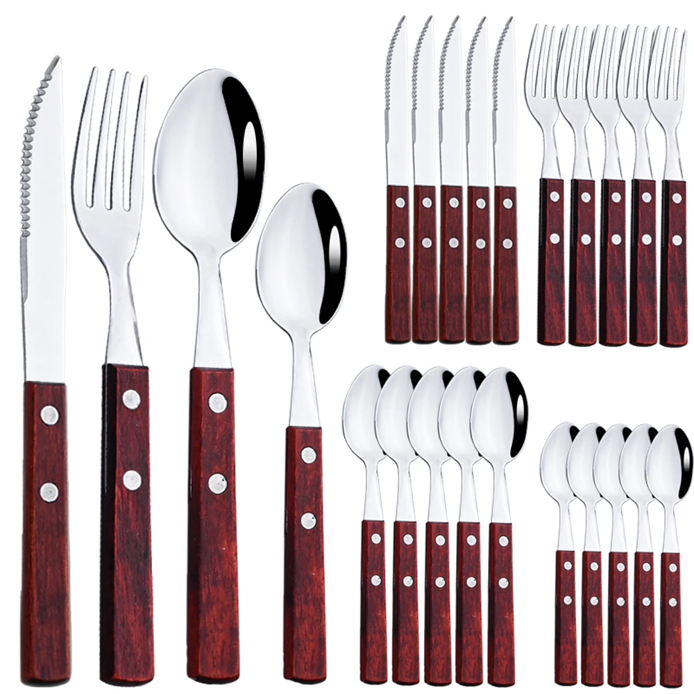 24Pcs Cutlery Wooden Handle Cutlery Set Stainless Steel Tableware Knife Fork Tea Spoon Silverware Western Flatware