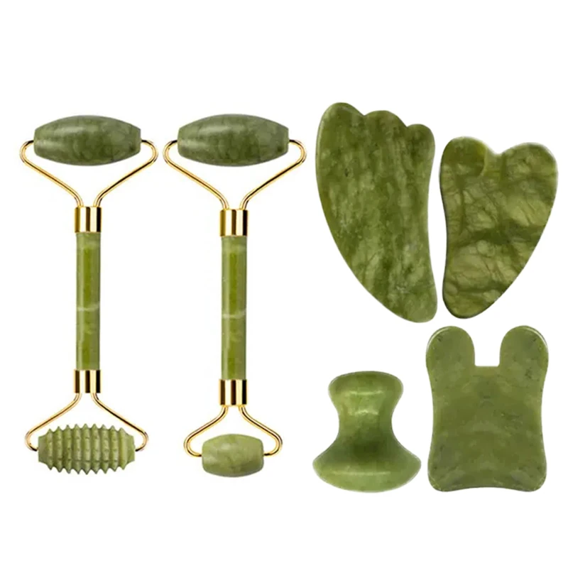 Natural Green XiuYu Jade Roller And Gua Sha Massage Tool Set Gouache Scraper Face Lift Body Acupuncture Spa Beauty Skin Care