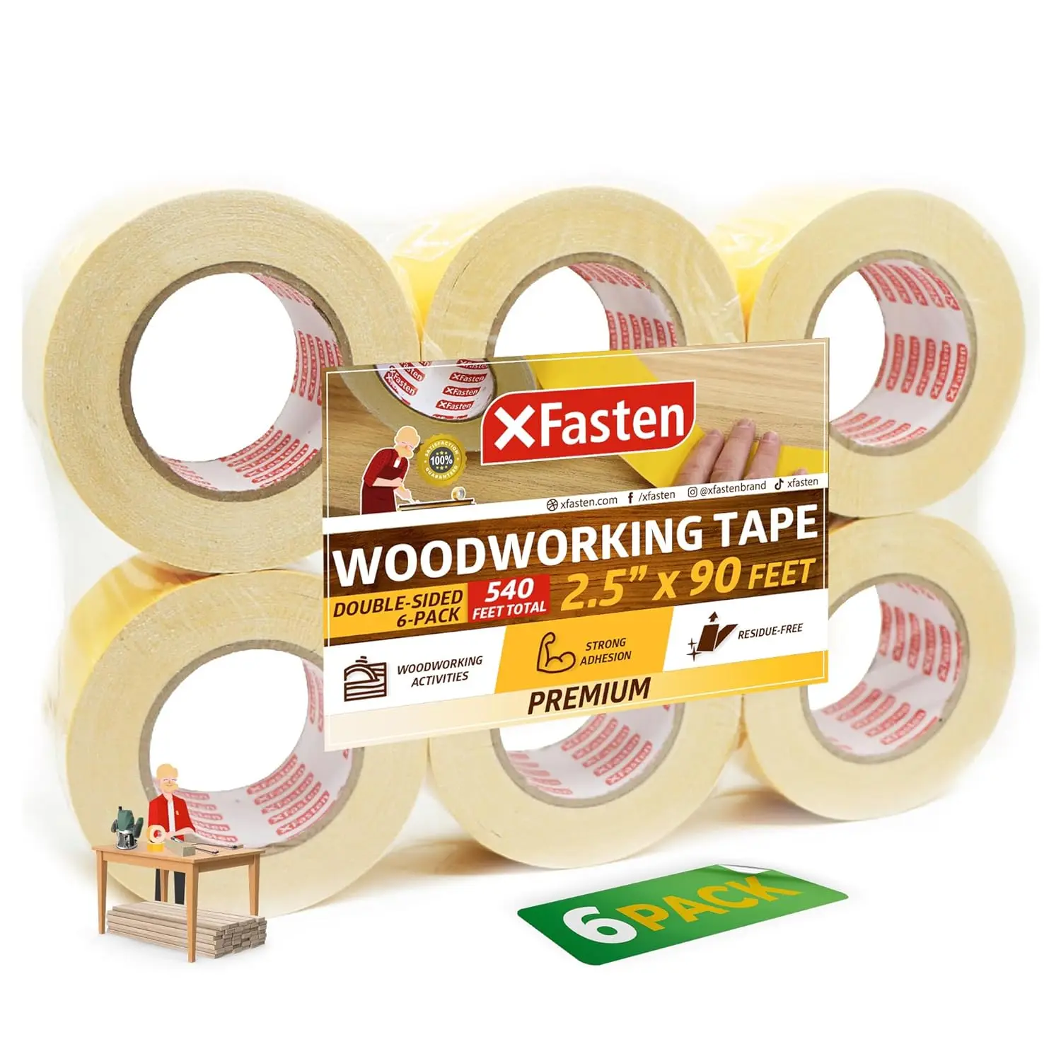 

Double Sided Woodworking Tape 2.5" x 90ft (6-Pack), Residue-Free for Wood, MDF, Metal, Strong Adhesion Surface-Safe