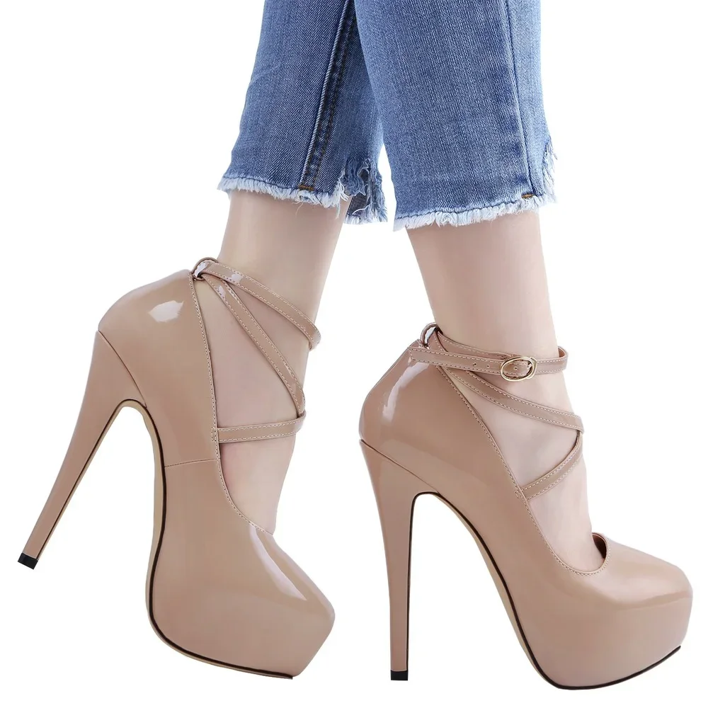 LOSLANDIFEN Women Pumps 14cm Super High heels for woman Sexy ankle Strap Platform shoes Party Dress Red Wedding Lady heel