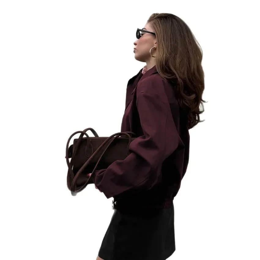 

Burgundy Suede Jacket Women's Vintage Style Cargo Jacket with Pockets Casual Winter Coat 2025