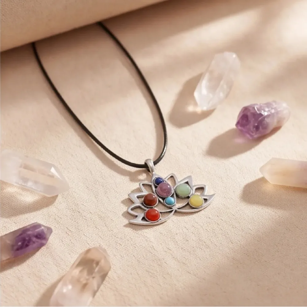

7 Chakra Lotus Pendant Necklace, Antique Silver Plated with Natural Gemstones, Adjustable Black Cord
