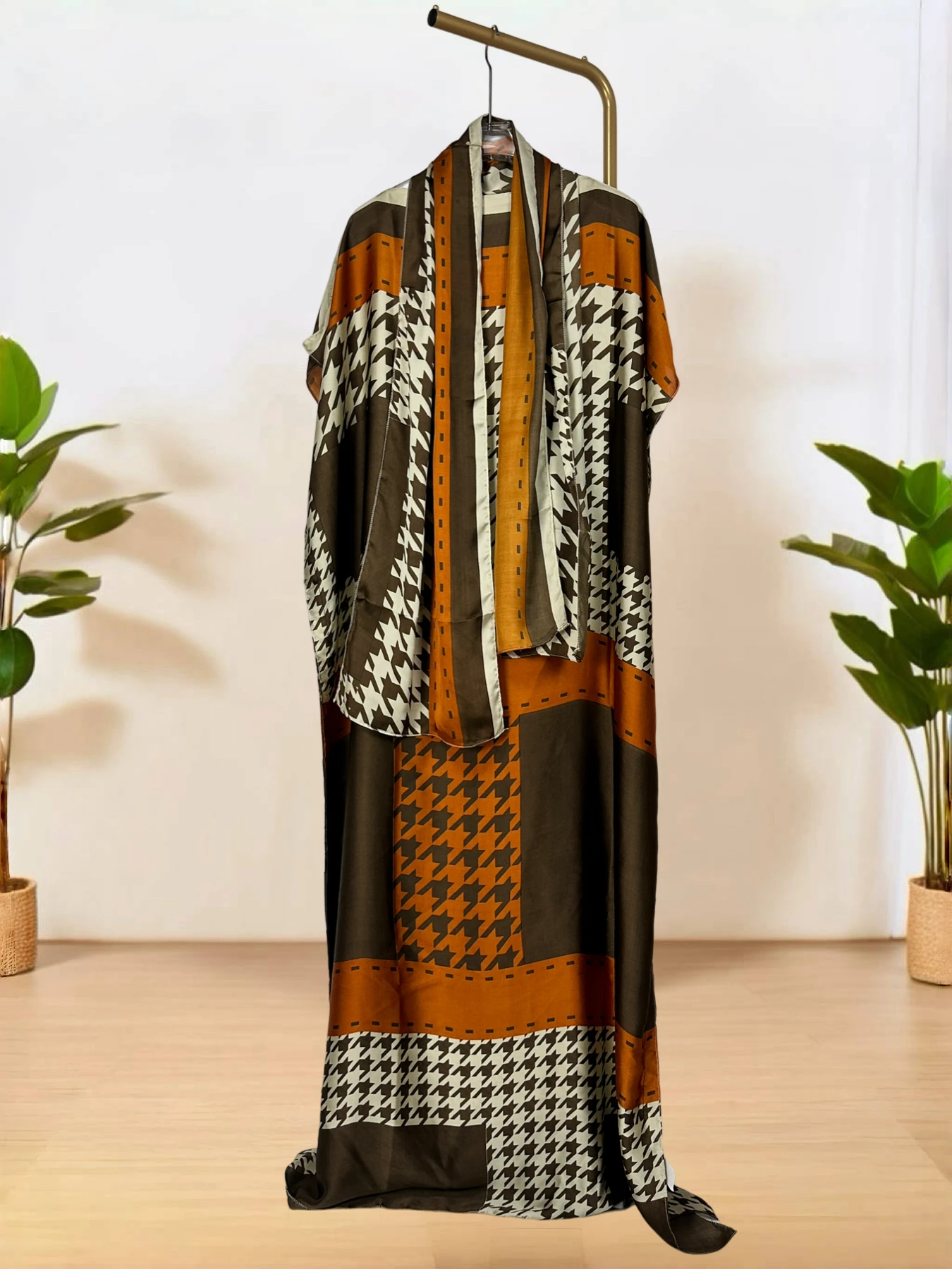 Women'S Stylish Floral Print Kaftan Dress Perfect for Casual or Formal Occasions, Casual Elegant Wear with Scarf
