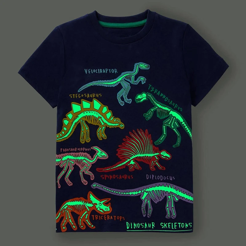 Summer New Fashion Children Luminous Dinosaurs Shark Cartoon T-Shirt Boys Shirt Jumper Short-Sleeved Tops Kids Casual Clothes