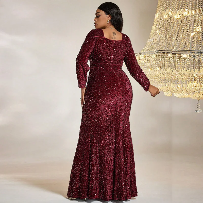 Robe de soirée à manches longues pour femmes, col carré, paillettes, robe élégante, tempérament, luxe, dame, mode, rouge, grande taille