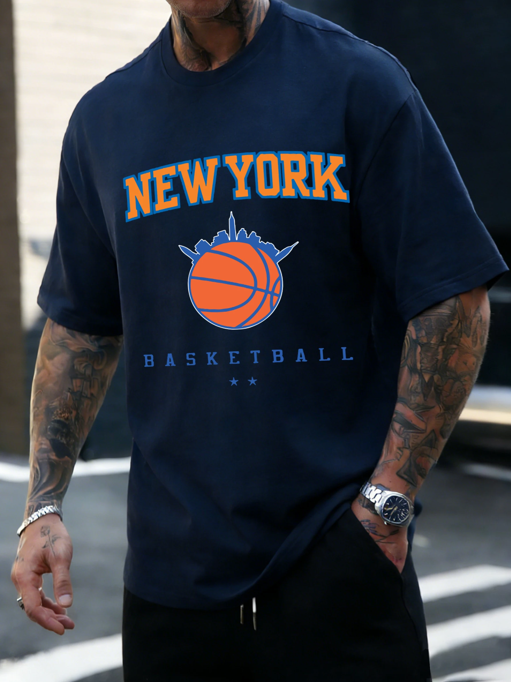 New York Basketball Printing Short Sleeve Men Cotton Fashion O-Neck T-Shirt Soft Retro Clothing Unisex Summer Loose Street Tee