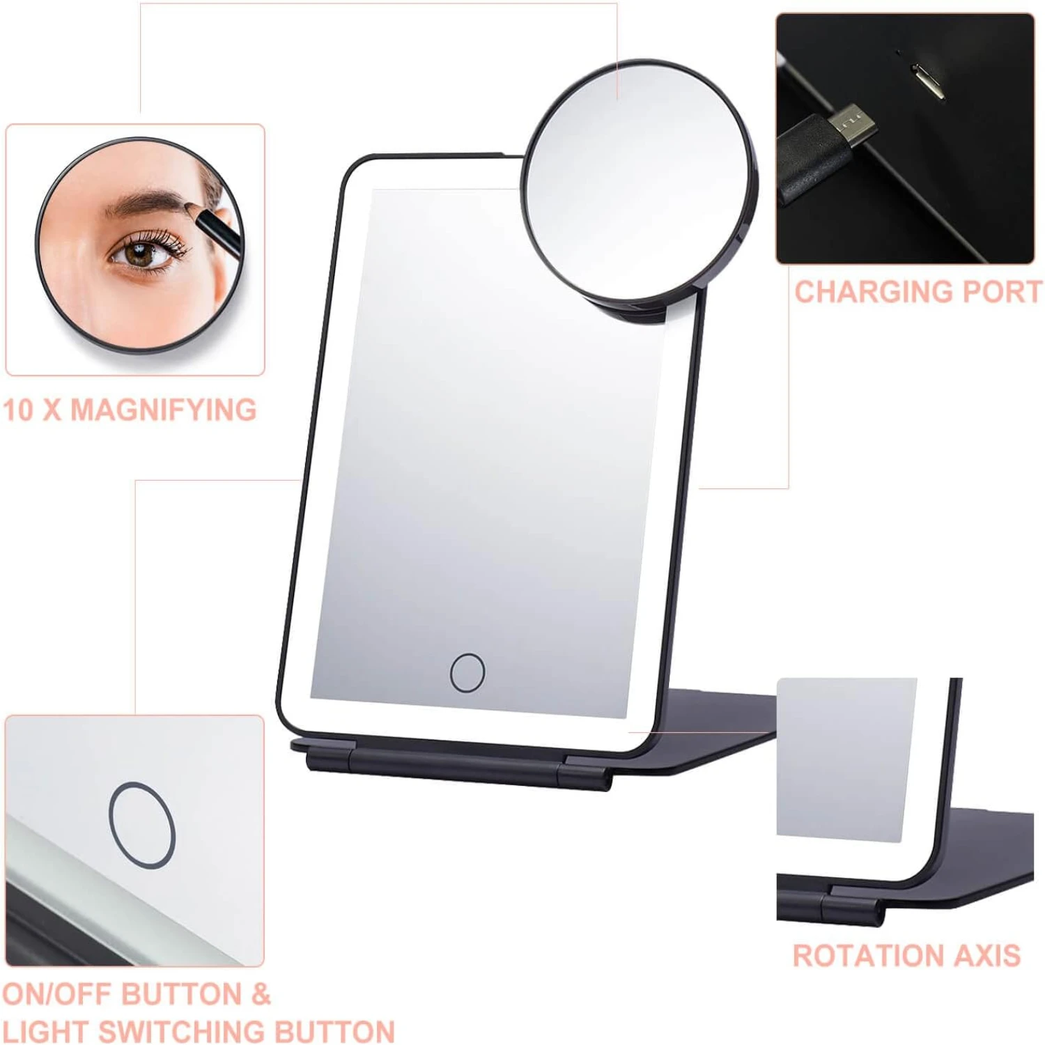 Foldable LED Tabletop Makeup Mirror - Portable and Convenient for Travel, Cosmetic, and Office Use - 7x9 inches with 3 Colors Li