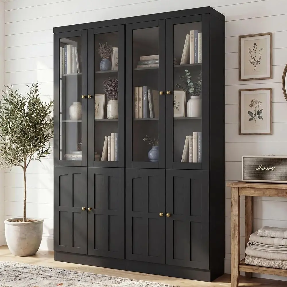 80 Tall Glass Door Bookcase with Thickened Top, Adjustable Shelves, Ideal for Living Room and Home Office, Black, Set of 2