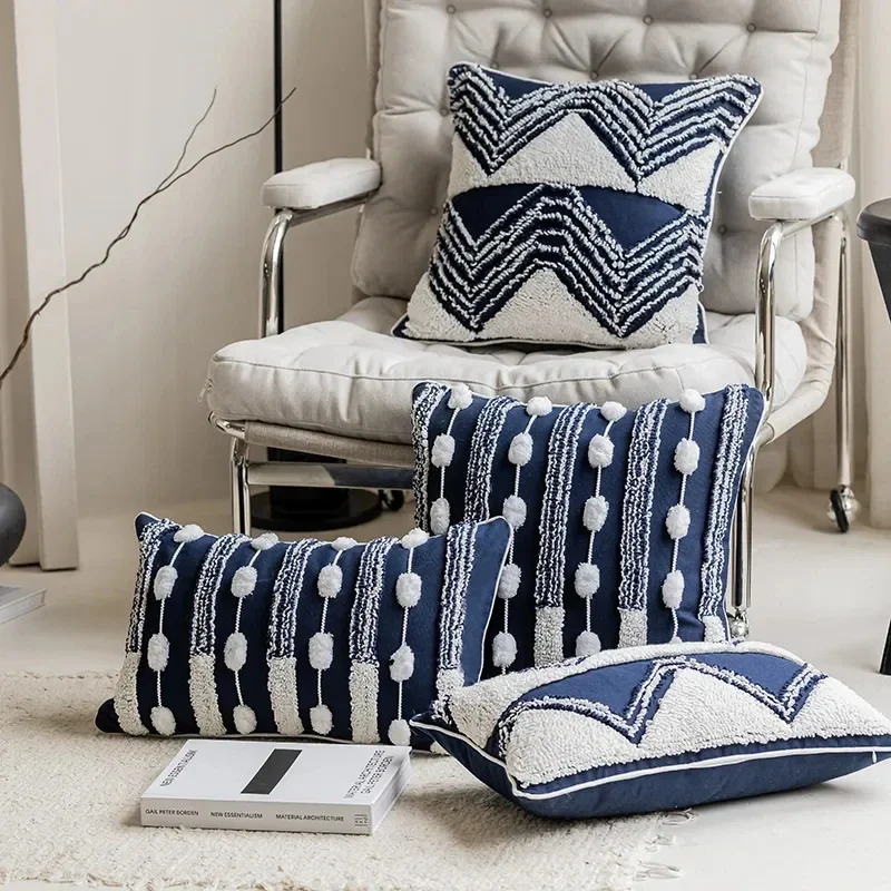 

Boho Navy Blue Tufted Cushion Cover Geometric Loop Tufting Pillow Covers Plush Tassel Patchwork Decorative Pillows for Sofa