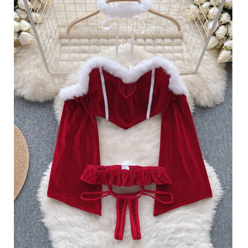 Winter Patchwork Christmas Hotsweet Women\'s Short Dress Sexy Bodycone Plush Red Dress Cross Strap Halter Neck Erotic Mini Dress