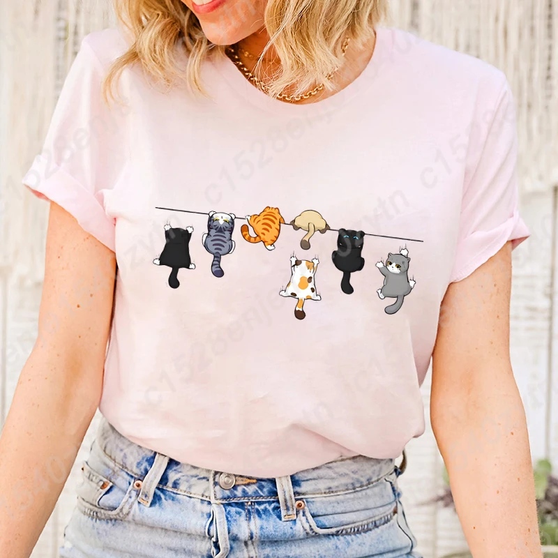 Cute Climbing Cats Print T-Shirt Women Short Sleeve T Shirt Funny Crew Neck Solid Color Tee Shirt Casual Summer Hot Selling Tops