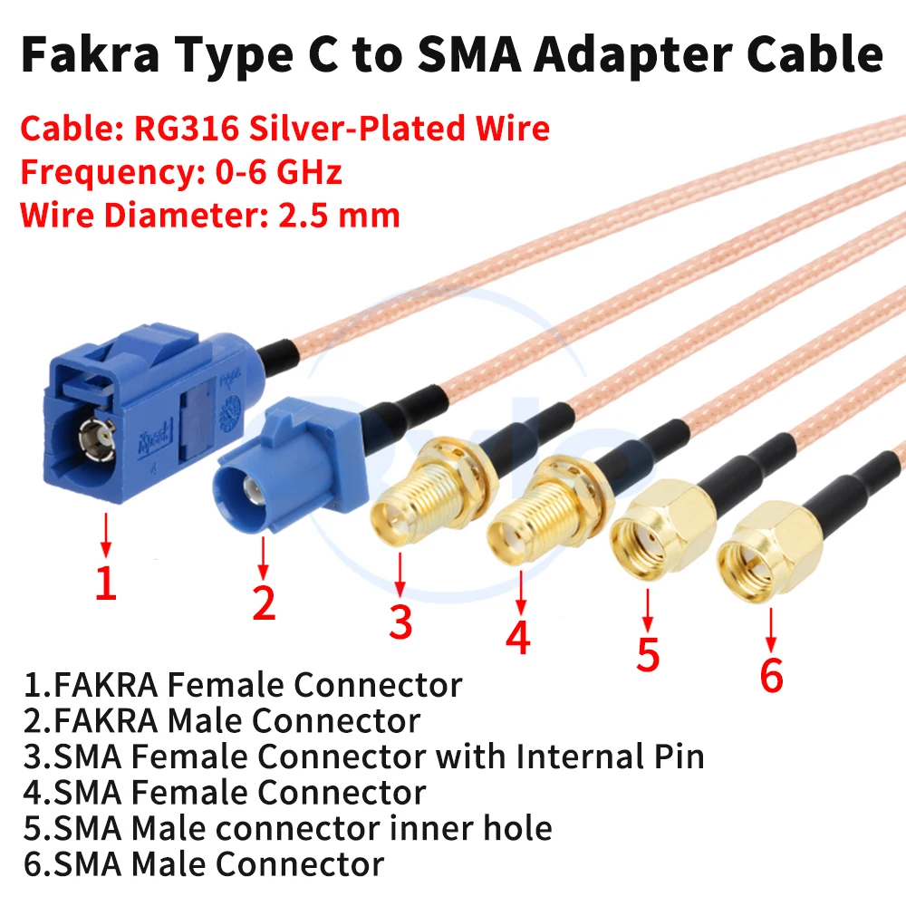 Cabo adaptador azul fakra para sma tipo c para sma macho/fêmea com conector angular antena gps cabo de extensão rg316 (1 peça)