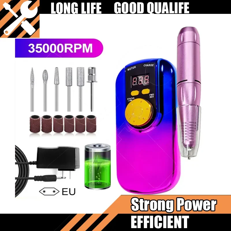 Trapano elettrico portatile per unghie 35000 giri/min con display LCD ricaricabile per strumenti professionali per manicure con gel acrilico