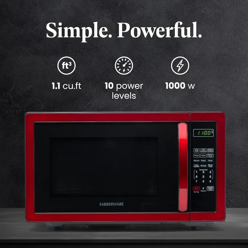 Farberware Countertop Microwave 1000 Watts, 1.1 cu ft. Microwave Oven With LED Lighting and Child Lock - Easy Clean Metallic Red