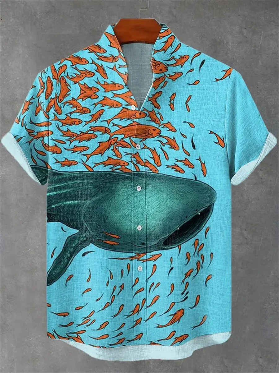 2025 Men's New Retro Style Fish Pattern Print Men's Casual Linen Comfortable Fabric Short Sleeve Shirt Button Stand Collar Top