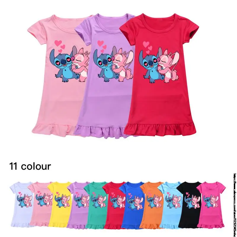 Disney Stitch Night Dress Cotton Chinese Dress Little Girl Toddler Baby Nightgown Night Wear for Kids Girl Pijamas Short Sleeve