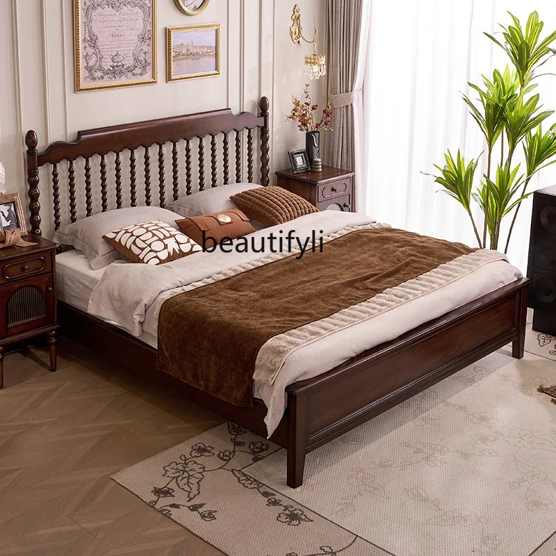 

Medieval style full solid wood bed master bedroom double bed, bedroom furniture high column bed, simple