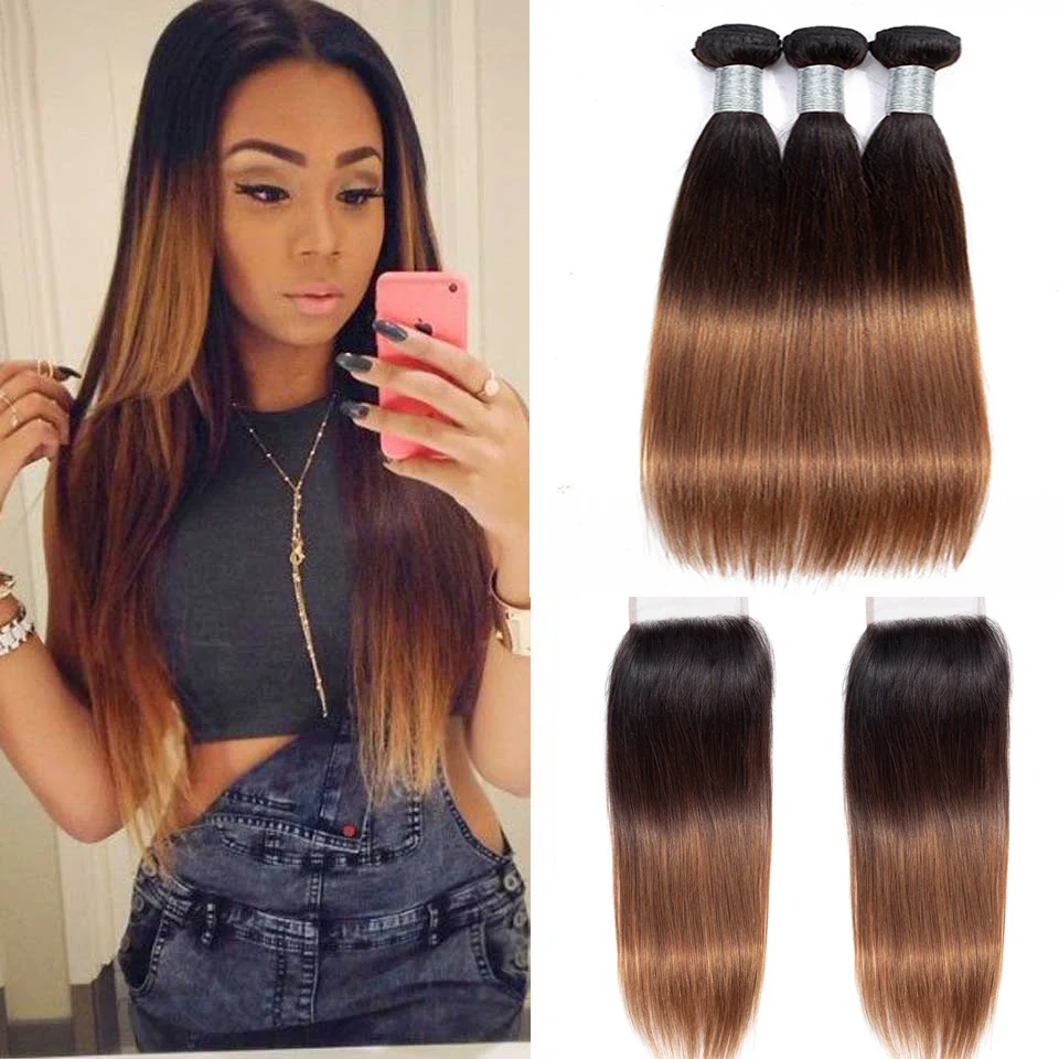 

Ombre Straight Human Hair Bundles With Closure 1B/27/30 Brazilian Remy Hair Extensions Colored Honey Blonde Bundles With Closure