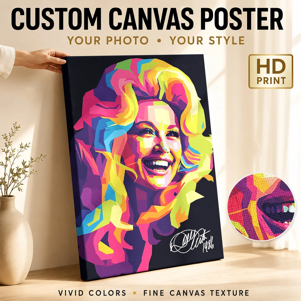 Dolly Parton Smiling Portrait Framed Canvas Print Personalized Photo Pink And Yellow Color Blocks Wall Art For Country Cottage