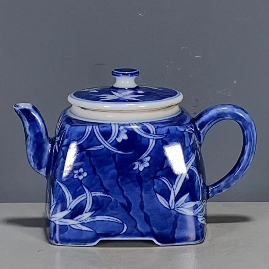 Vintage Square Porcelain Teapot Export Style Hand Drawn Orchid Ice Plum Motif Tea Room Ceramic Ornament