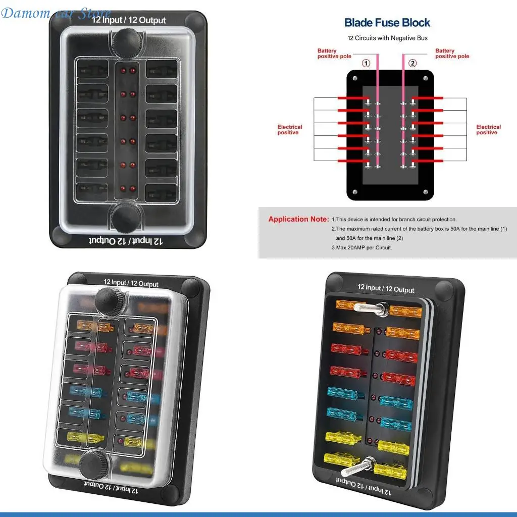 

A2UC 12 Way Truck Power Distribution Blade Holder Box Block Panel with LED Light