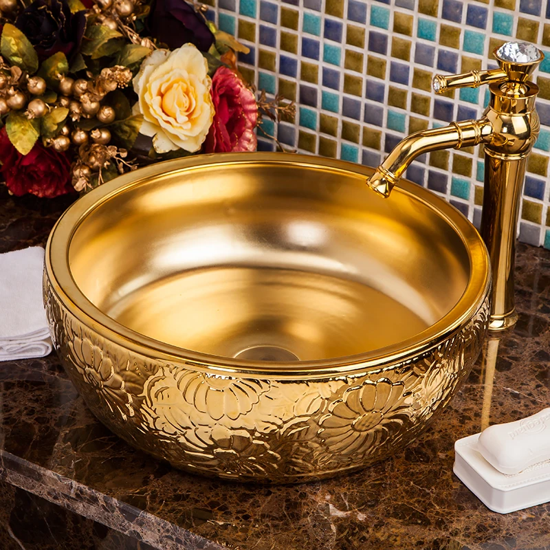 

Bthroom Lavabo Ceramic Counter Top Wash Basin Cloakroom Vessel Sink bathroom sink golden carving vintage ceramic wash basin