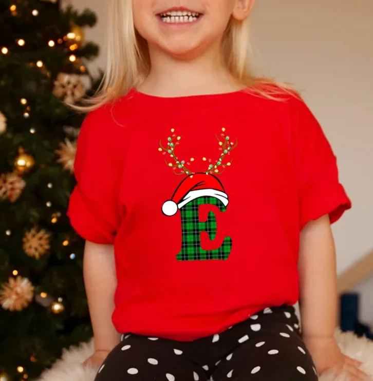 2024 Weihnachten Plaid Alphabet Weihnachts bier mit Hut drucken Kinder T-Shirts Mode Jungen Mädchen Kurzarm Tops