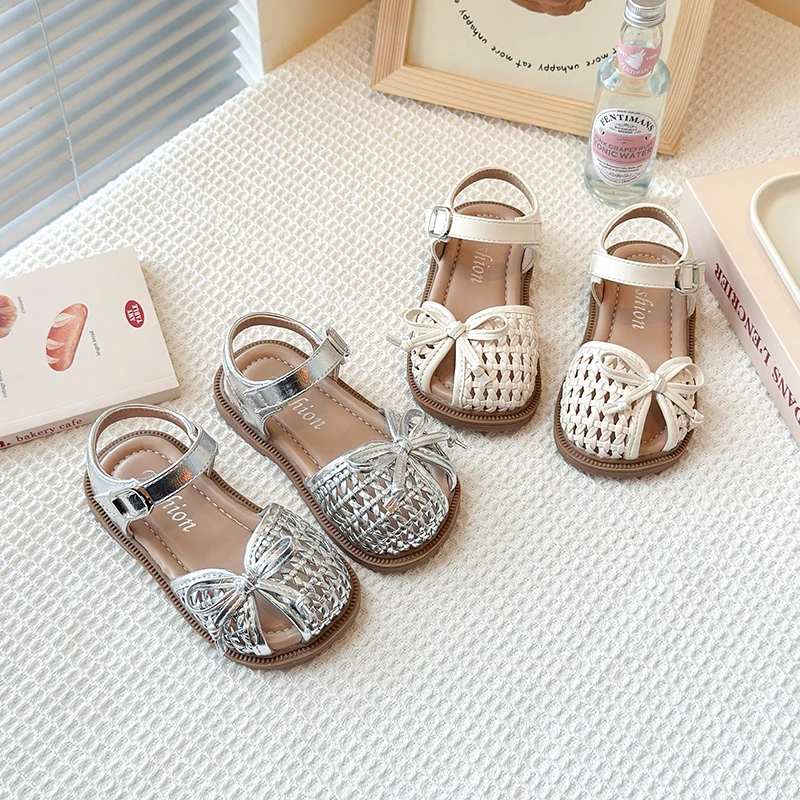 

Fashion Girl Sandals 2025 New Summer Weave Girls' Bow Princess Sandals Soft Bottom Non-slip Kid's Casual Flat Roman Beach Shoe
