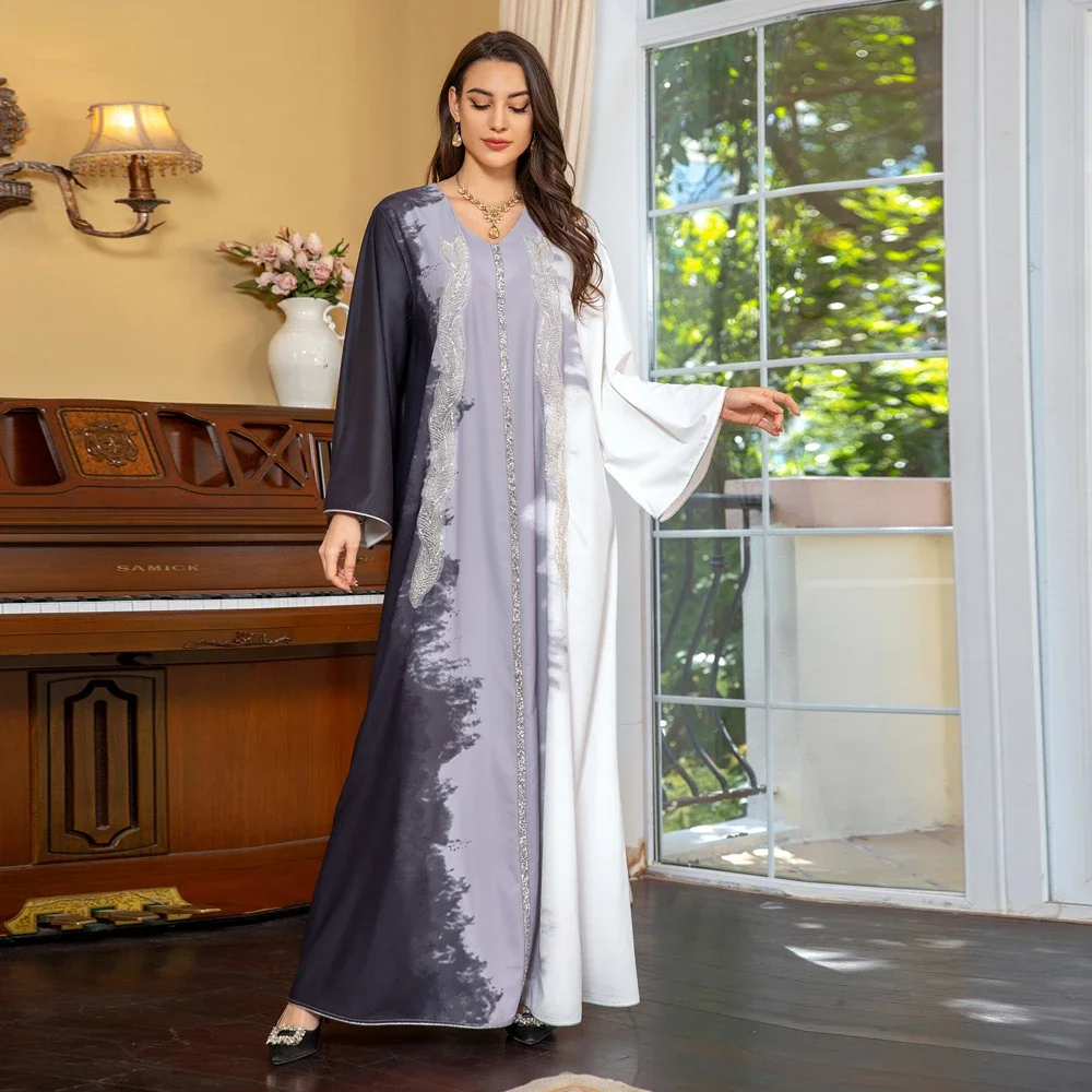 Eid muçulmano marrocos vestido para mulher abaya jalabiya diamante v pescoço vestidos de festa dubai abayas kaftan islam vestidos árabe robe 2024