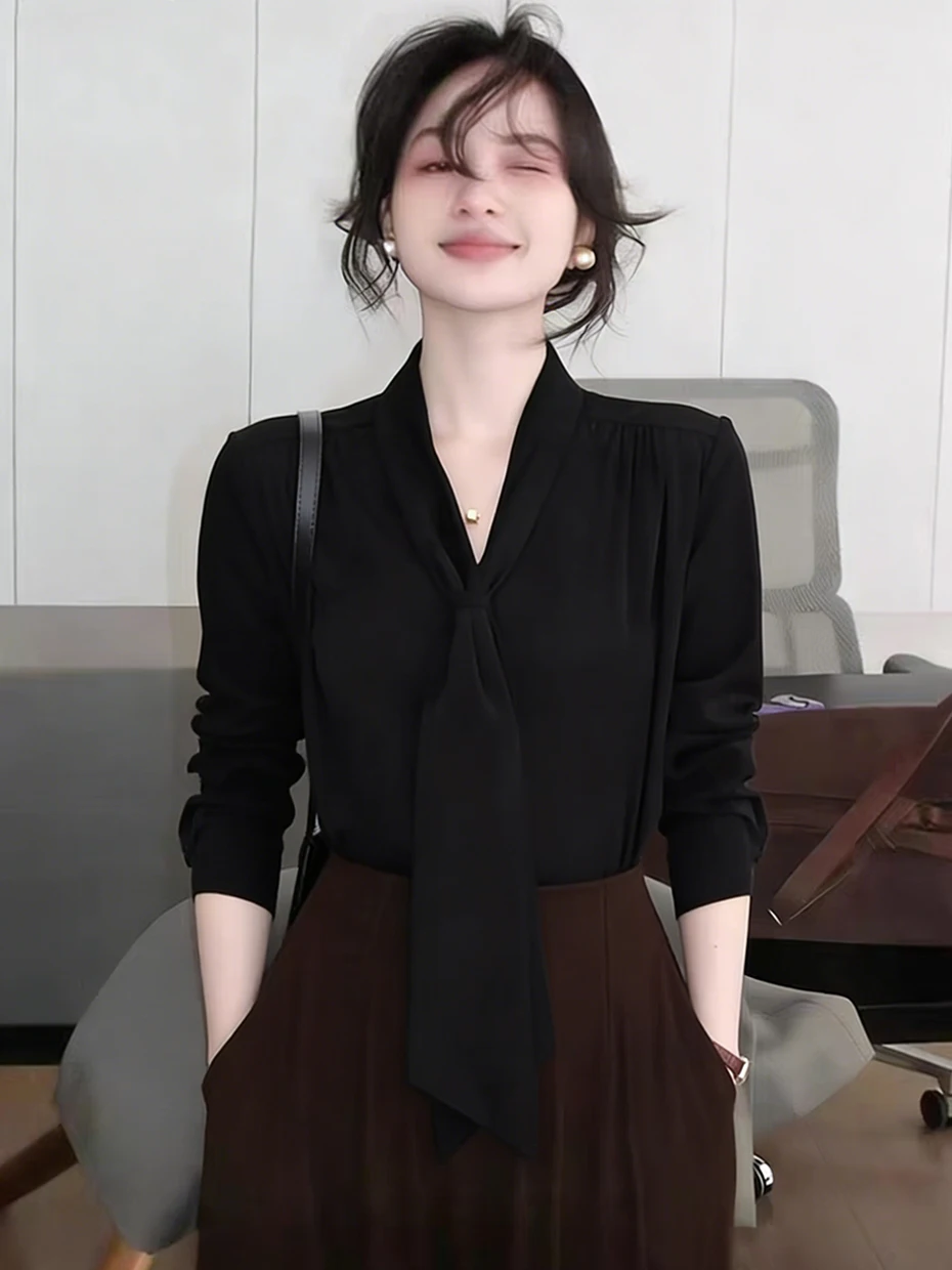 

Элегантная женская блузка из шелкового шифона с V-образным вырезом, для офиса, модная, с длинным рукавом, легкая, летняя, новый стиль, деловая повседневная рубашка