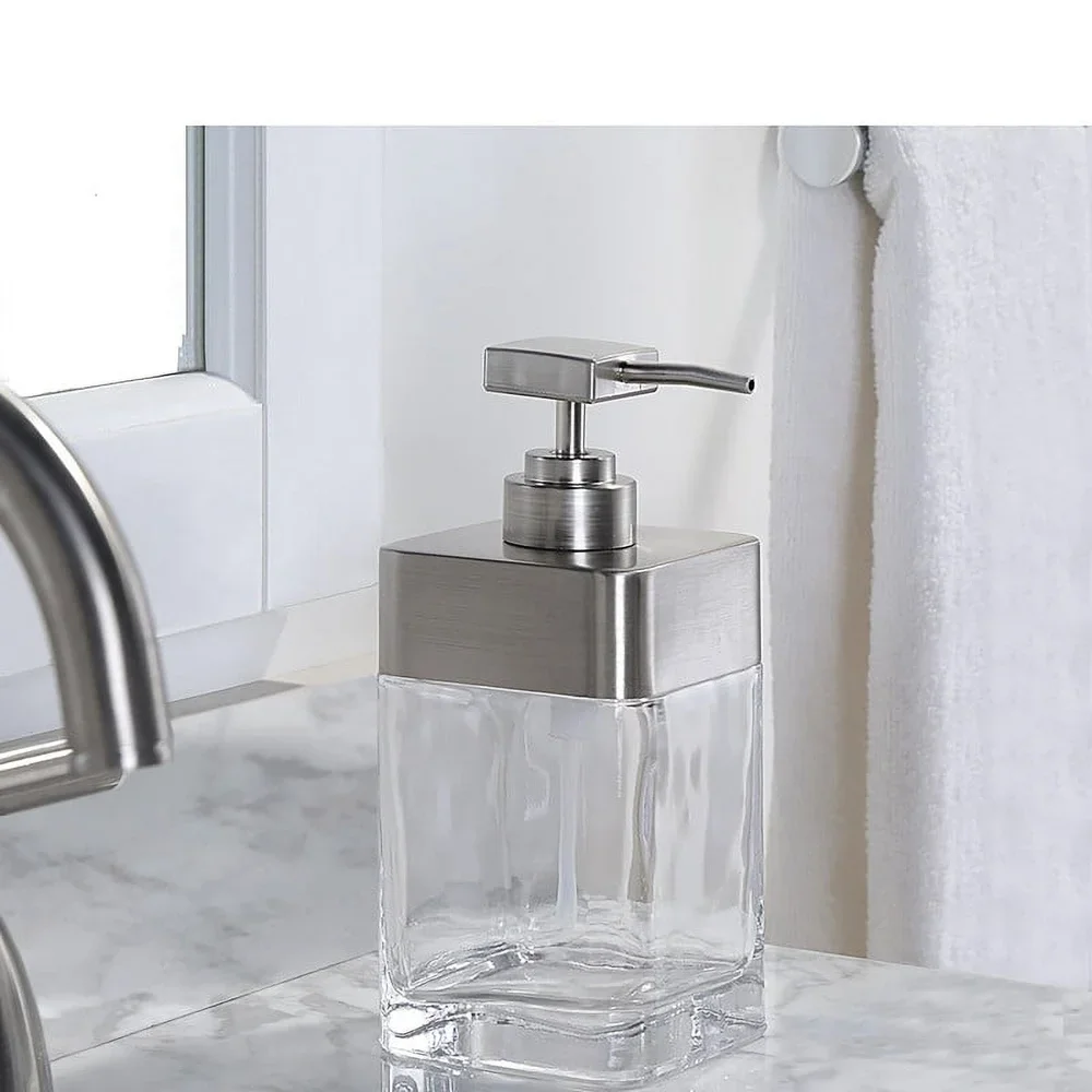 

Metal Glass Soap Pump Dispenser Silver Accent Modern Vintage Bathroom Kitchen Liquid Lotion Hand Sanitizer Holder 15oz