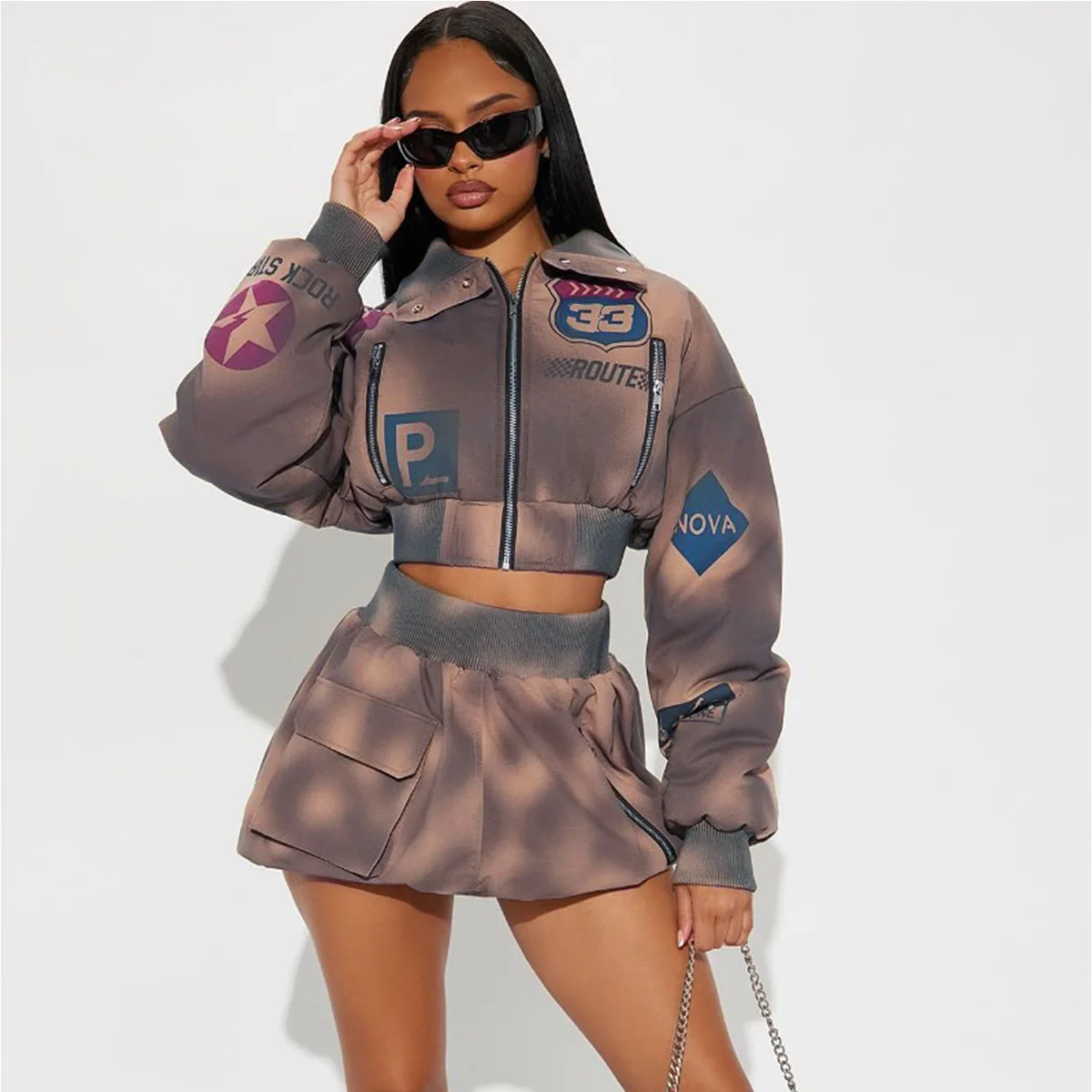 Divertente stampato donna 2 pezzi set fitness cerniera Fly Crop giacca a vita alta gonne a pieghe set coordinato 2025 autunno nuovo streetwear