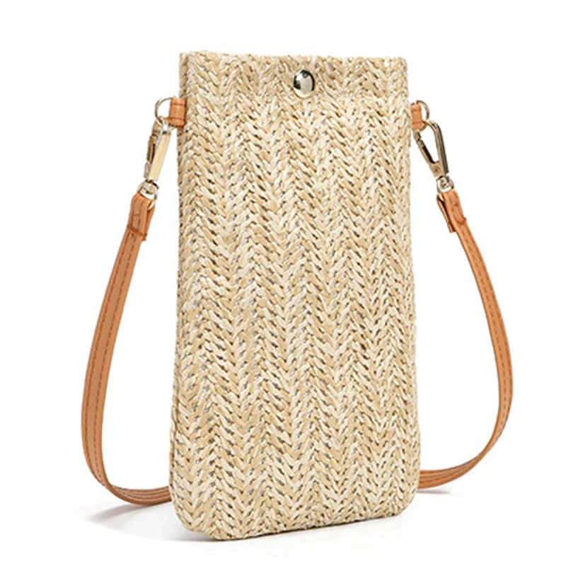 Portefeuille en Paille Tissée Diagonale pour Femme, Pochette pour Téléphone Portable, Sac à Main d'Été, de Plage, de Voyage, Mini Porte-Cartes