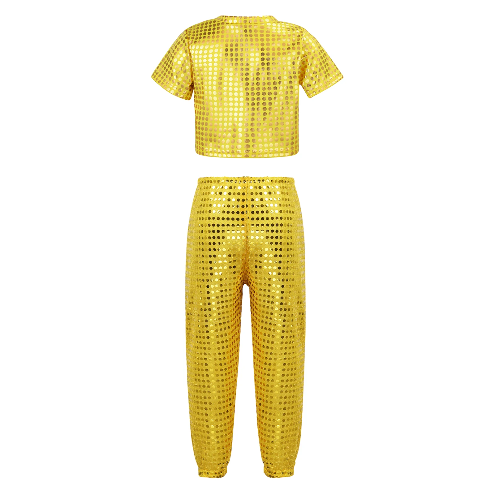 Kids Boys Girls Hip Hop Jazz Dance Costume Shiny Sequins Short Sleeve Crop Top with Pants Street Dance Stage Performance Costume