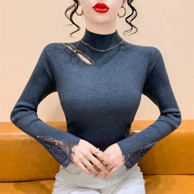 Ele High Ne Hollow out Long Sve Maglione lavorato a maglia da donna Slim Fit Lace Splicing Base irt Coreano Sle Pendolarismo Faion