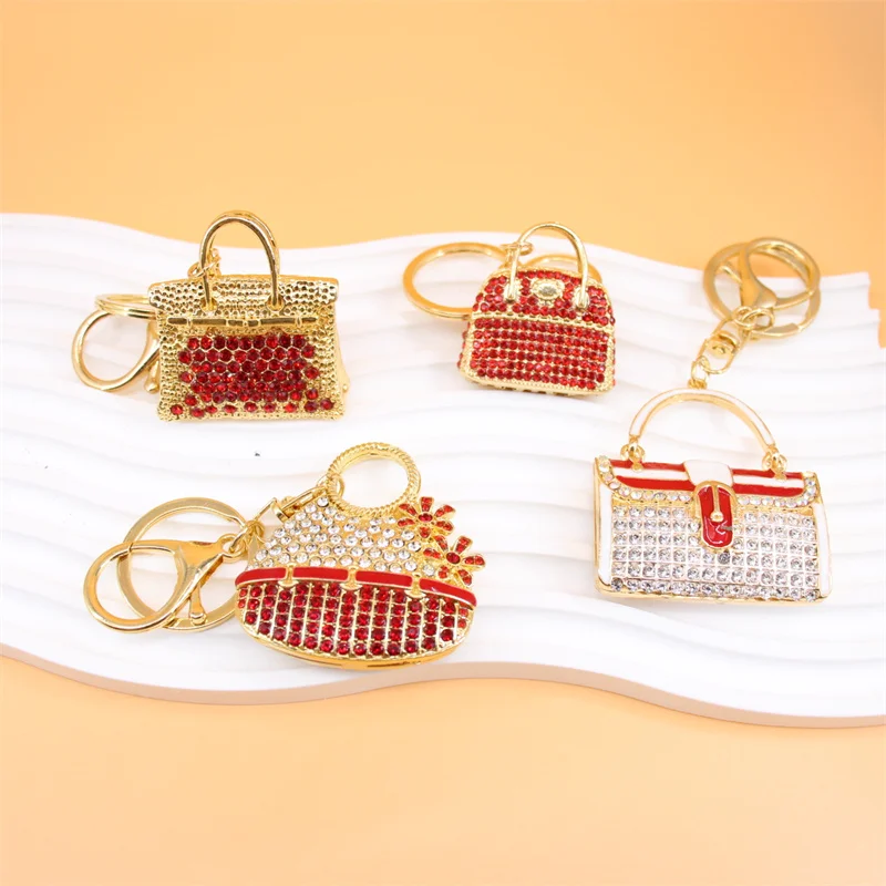 Creative Small Bag Shape Full Red Rhinestone Alloy Key Chain Exquisite Handbag Key Chain Car Pendant Gift