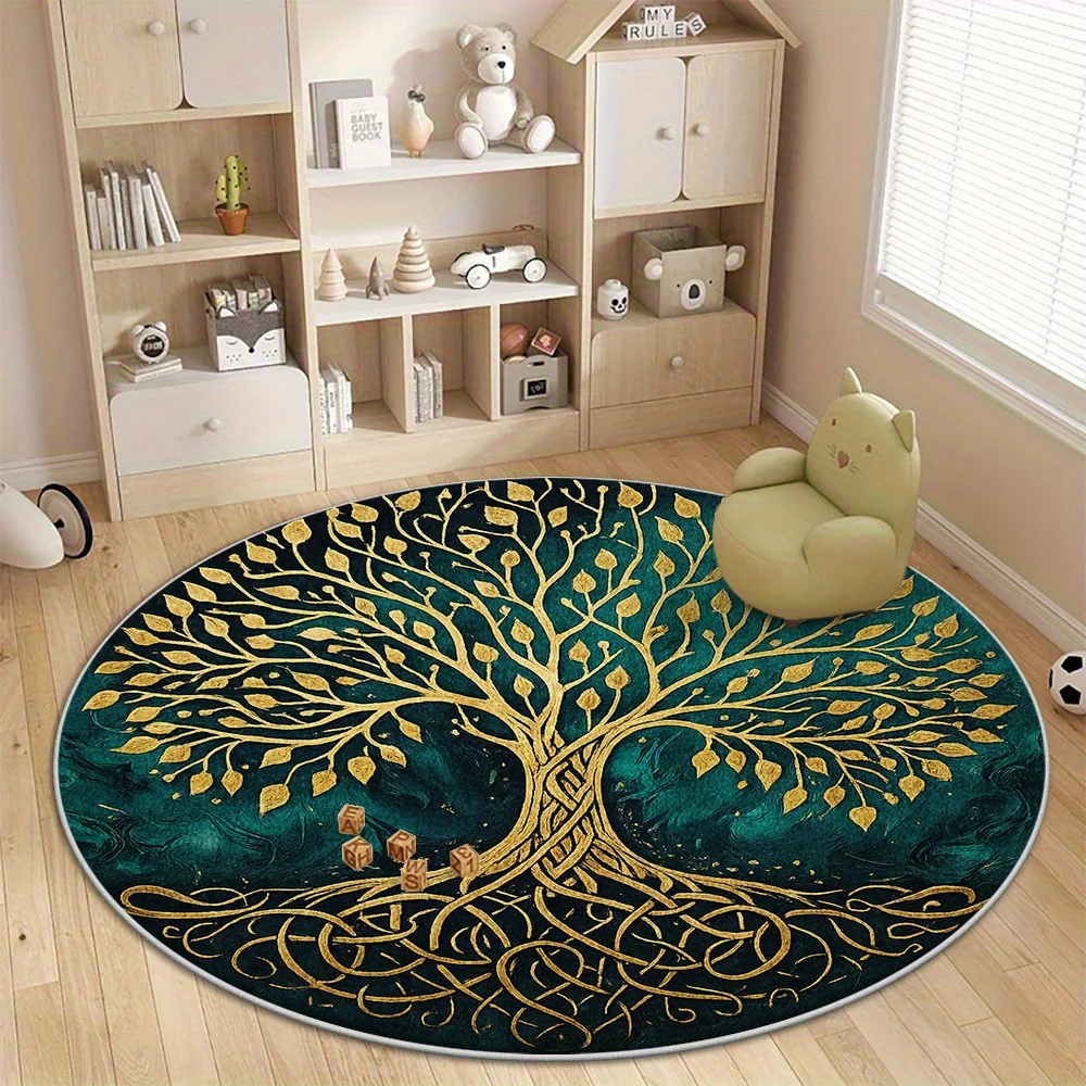 Golden Tree of Life Round Mat Emerald Green Celtic Knotted Roots Nature Circular Decor Rug  Entryway Indoor Living Space Decor