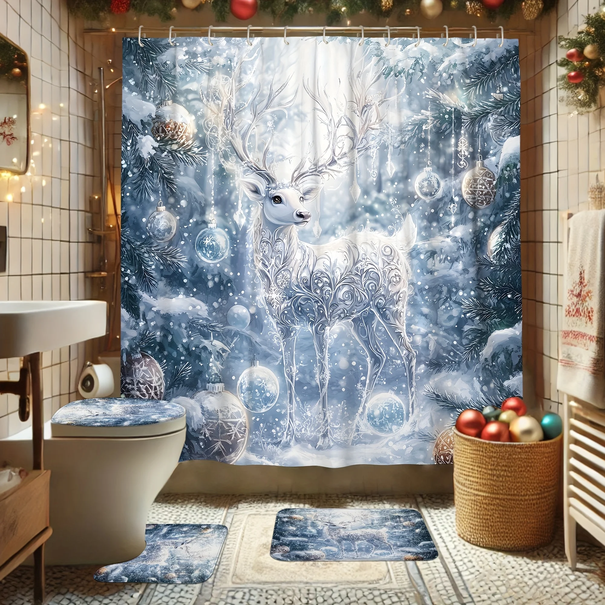 4PCS Christmas Shower Set – Reindeer & Ornament Print Polyester 12 Hooks Non-Slip Mat Machine-Washable Holiday Decor