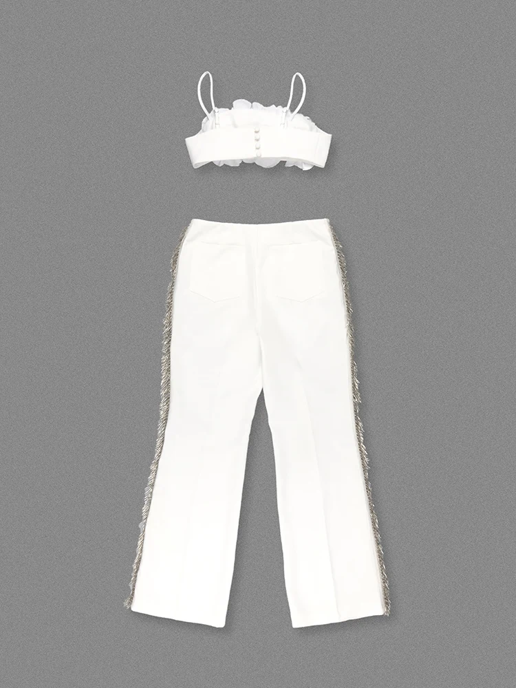 المرأة السراويل البيضاء قطعتين مجموعة مثير أكمام ثلاثية الأبعاد الترتر الأزهار المحاصيل الأعلى + شرابة تفاصيل السراويل الدعاوى مساء حفلة كوكتيل #5