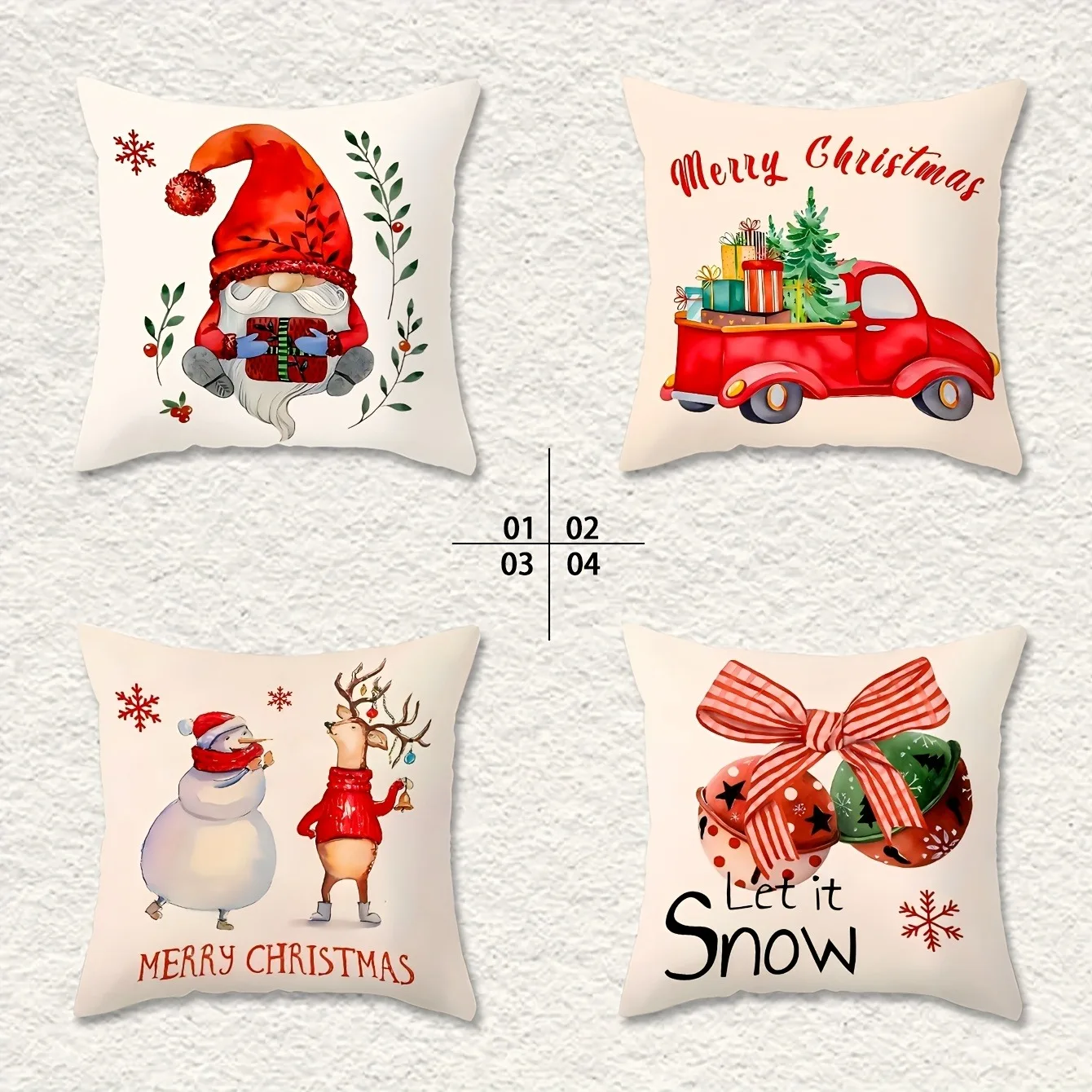 4pcs 18x18 Inch Christmas Pillow Covers Festive Gnome, Red Truck with Gifts, Snowman Deer Designs - High-Quality Polyester