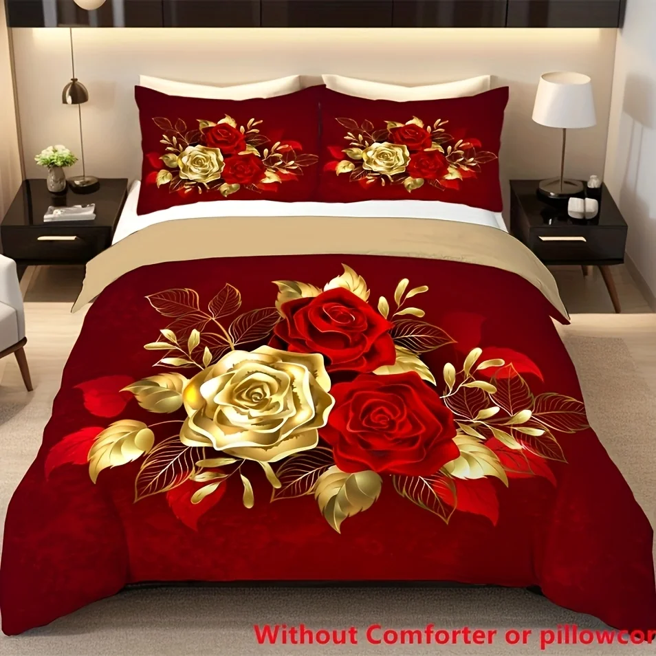 

2/3pcs Romantic Rose Prints Duvet Cover Set (1 Duvet Cover + 1/2 Pillowcase, Without Core), Soft Comfortable Duvet Cover