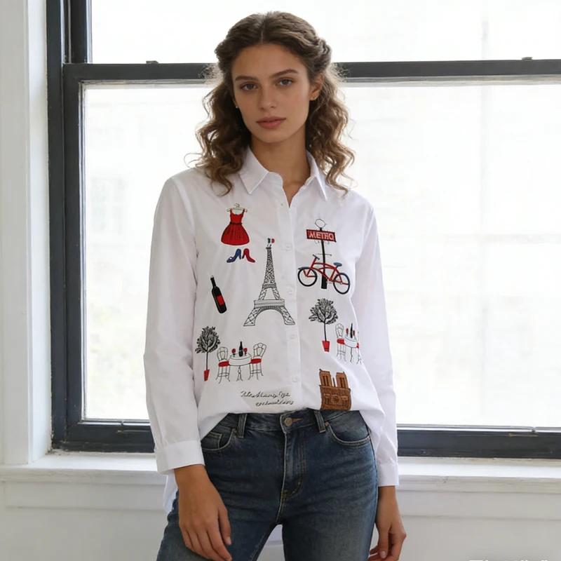 Fashion Long Sleeve Women Shirts Embroidery Cotton White Blouses Office Lady Elegant Loose Tops