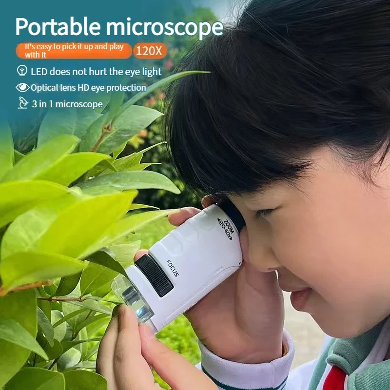 Pocket Microscope Kids Science Toy Kit 60-120x Educational Mini Handheld Microscope with LED Light Outdoor Children Stem Toy